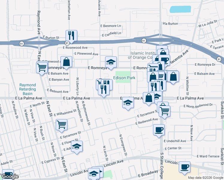 map of restaurants, bars, coffee shops, grocery stores, and more near 1052 North Acacia Street in Anaheim