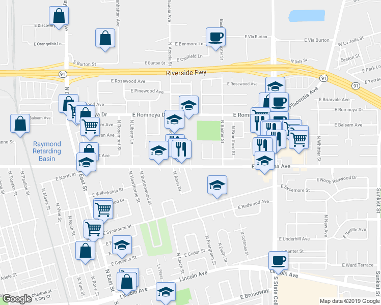 map of restaurants, bars, coffee shops, grocery stores, and more near 1541 East La Palma Avenue in Anaheim