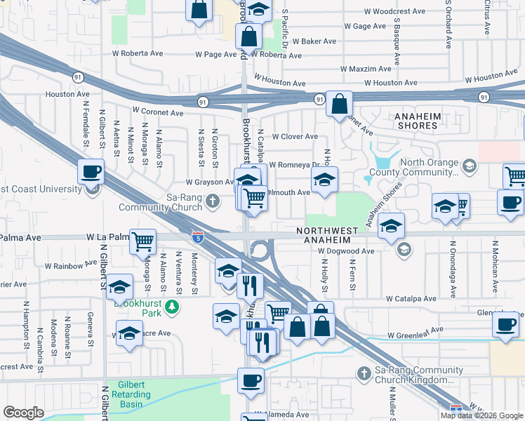 map of restaurants, bars, coffee shops, grocery stores, and more near 1126 North Brookhurst Street in Anaheim