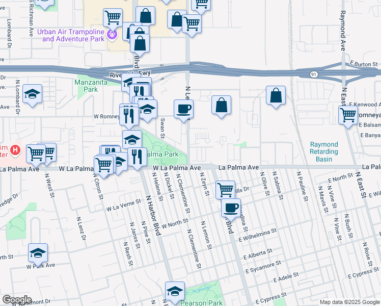 map of restaurants, bars, coffee shops, grocery stores, and more near 1050 North Anaheim Boulevard in Anaheim