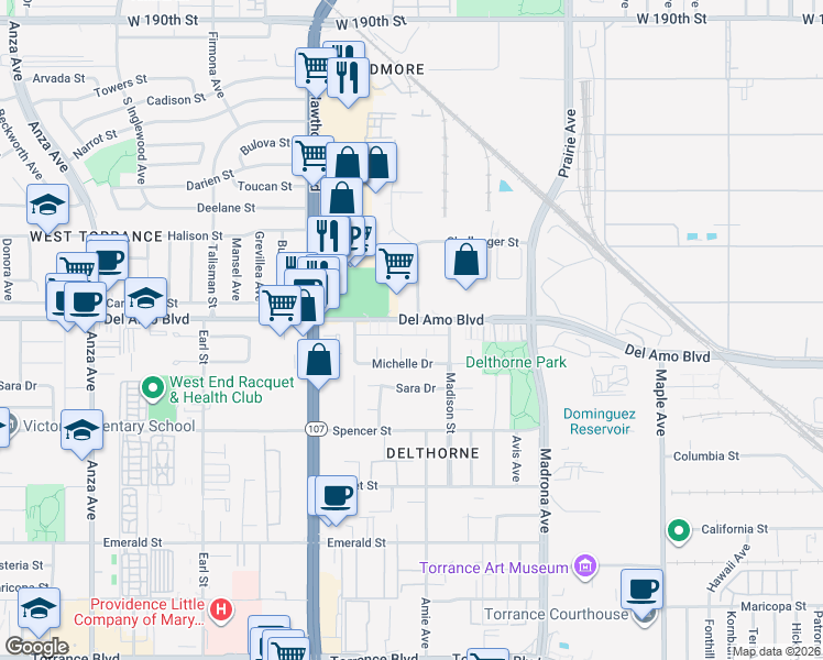 map of restaurants, bars, coffee shops, grocery stores, and more near 3614 Del Amo Boulevard in Torrance