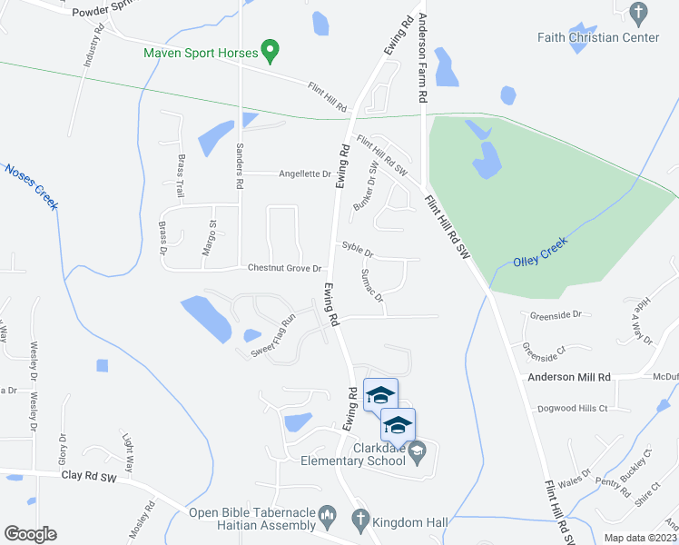 map of restaurants, bars, coffee shops, grocery stores, and more near 4331 Ewing Road in Austell