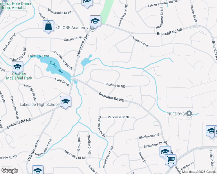 map of restaurants, bars, coffee shops, grocery stores, and more near 2705 Galahad Drive Northeast in Atlanta