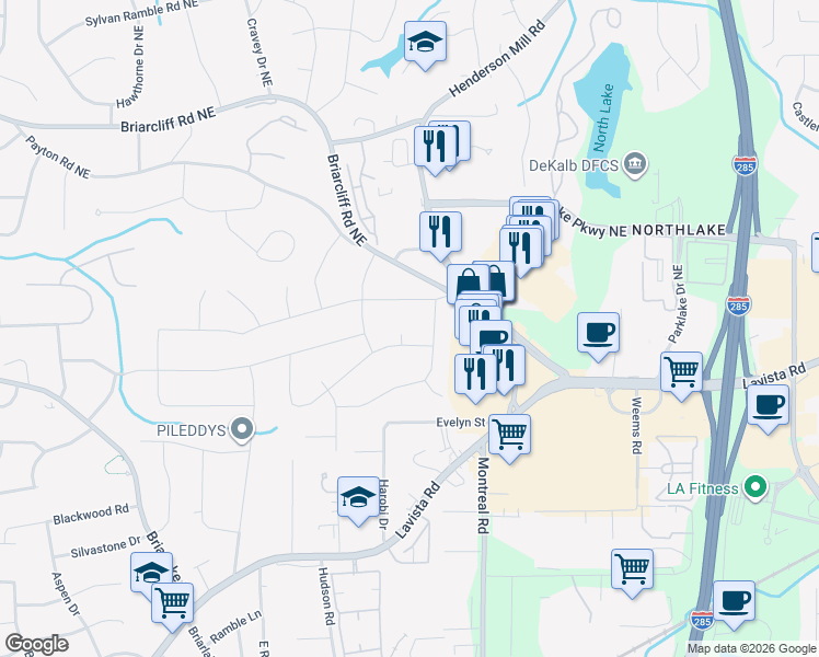map of restaurants, bars, coffee shops, grocery stores, and more near 2175 McCully Court in Atlanta