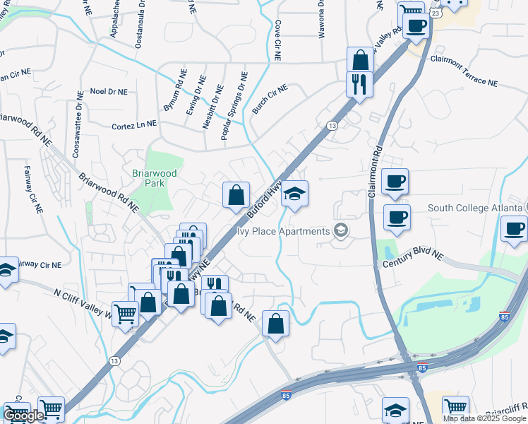 map of restaurants, bars, coffee shops, grocery stores, and more near 3547 Buford Highway Northeast in Atlanta
