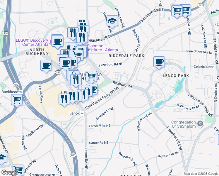 map of restaurants, bars, coffee shops, grocery stores, and more near 3450 Roxboro Road Northeast in Atlanta