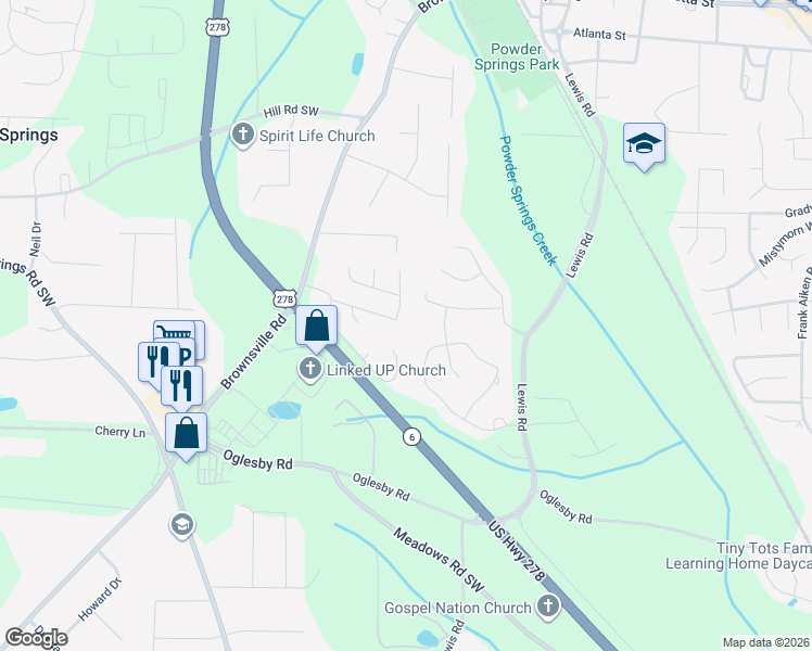 map of restaurants, bars, coffee shops, grocery stores, and more near 4747 Saddleridge Road in Powder Springs