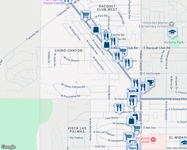 map of restaurants, bars, coffee shops, grocery stores, and more near 575 West Vía Escuela in Palm Springs
