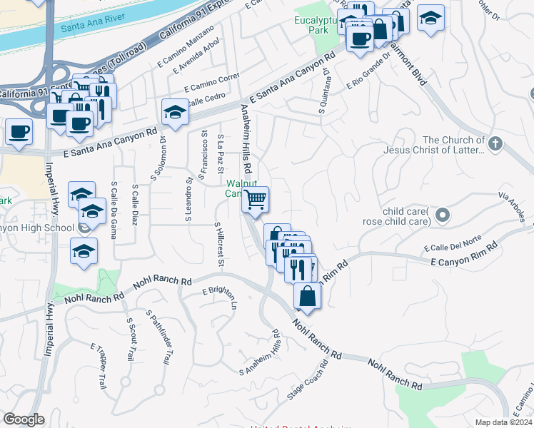 map of restaurants, bars, coffee shops, grocery stores, and more near 357 South San Vicente Lane in Anaheim
