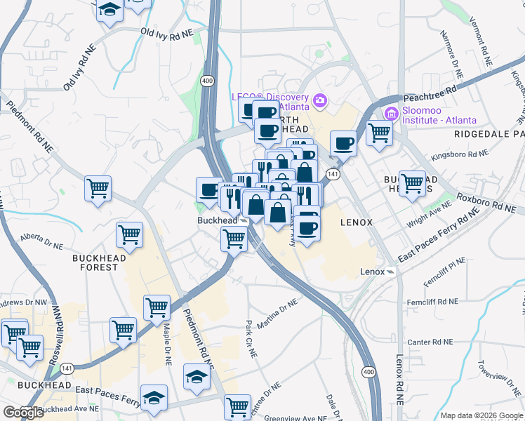 map of restaurants, bars, coffee shops, grocery stores, and more near 3380 Peachtree Road Northeast in Atlanta