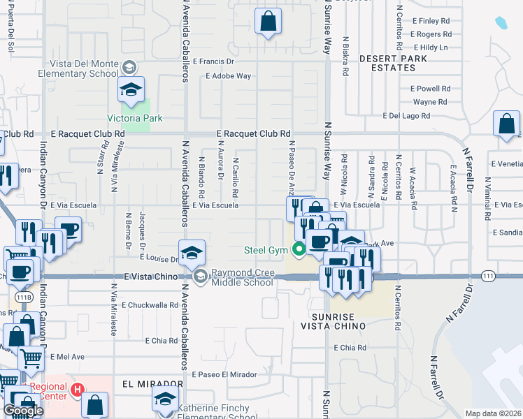 map of restaurants, bars, coffee shops, grocery stores, and more near 1385 East Via Escuela in Palm Springs