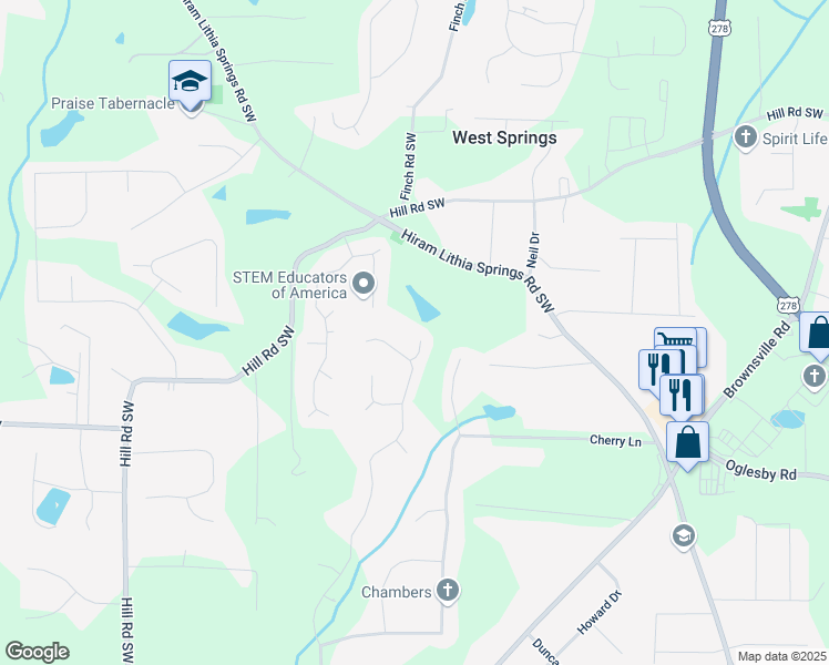 map of restaurants, bars, coffee shops, grocery stores, and more near 5413 Ryan Court in Powder Springs