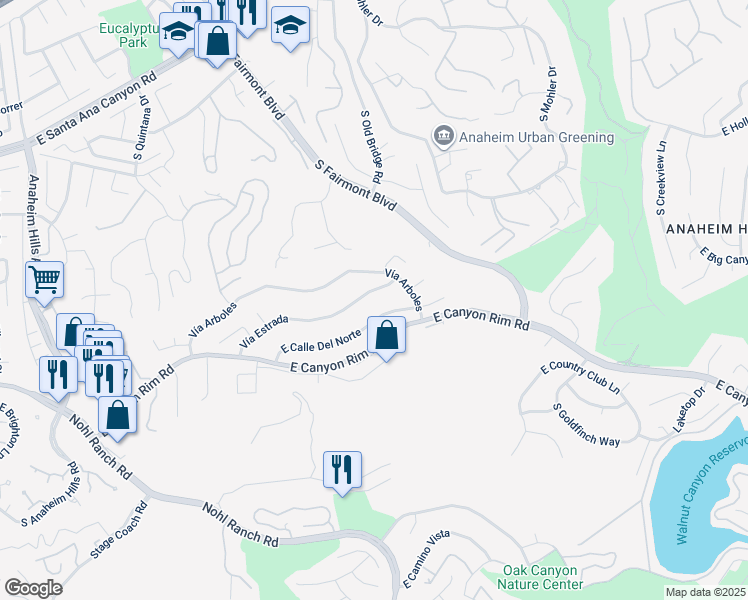 map of restaurants, bars, coffee shops, grocery stores, and more near 6554 Vía Estrada in Anaheim
