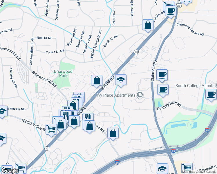 map of restaurants, bars, coffee shops, grocery stores, and more near 3547 Buford Highway Northeast in Atlanta
