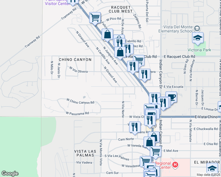 map of restaurants, bars, coffee shops, grocery stores, and more near 483 West Vía Escuela in Palm Springs