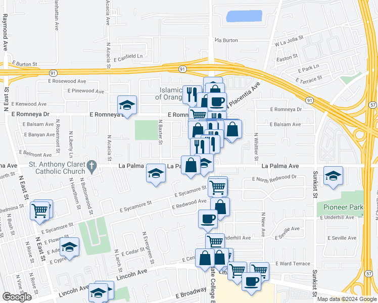 map of restaurants, bars, coffee shops, grocery stores, and more near 1770 East Sandalwood Avenue in Anaheim