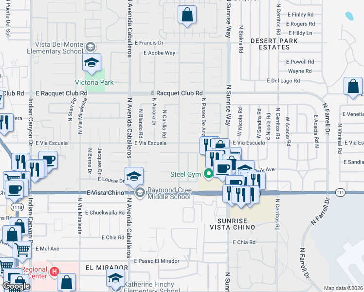 map of restaurants, bars, coffee shops, grocery stores, and more near 1385 East Via Escuela in Palm Springs