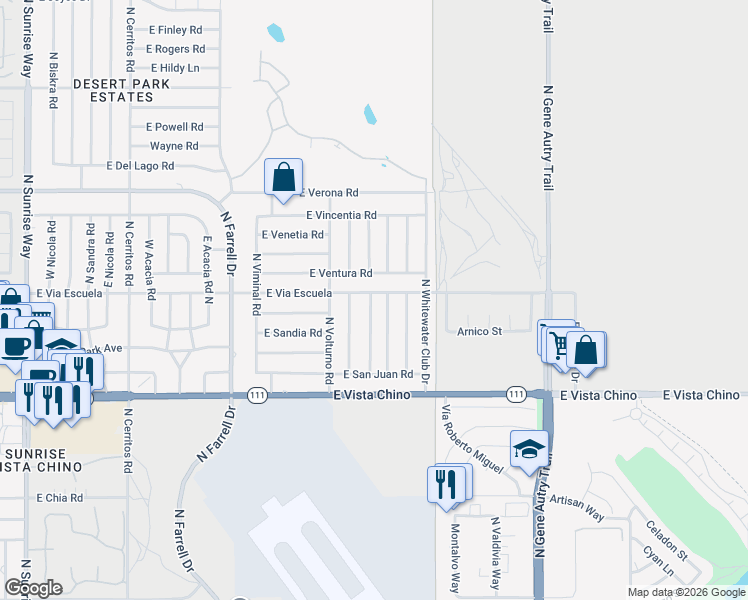 map of restaurants, bars, coffee shops, grocery stores, and more near 2092 North San Antonio Road in Palm Springs