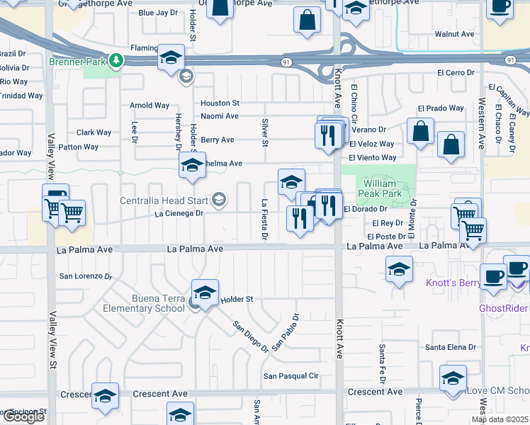 map of restaurants, bars, coffee shops, grocery stores, and more near La Fiesta Drive in Buena Park