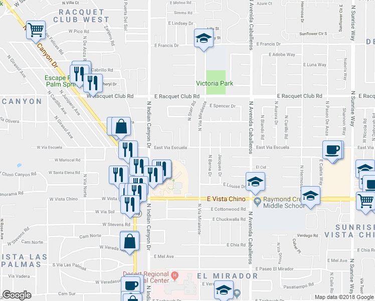 map of restaurants, bars, coffee shops, grocery stores, and more near 2155 North Starr Road in Palm Springs