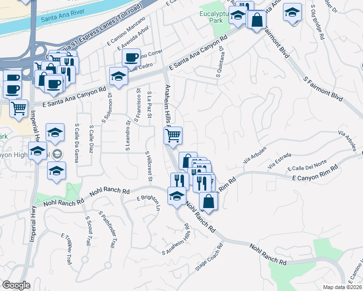 map of restaurants, bars, coffee shops, grocery stores, and more near 279 South Via Montanera in Anaheim