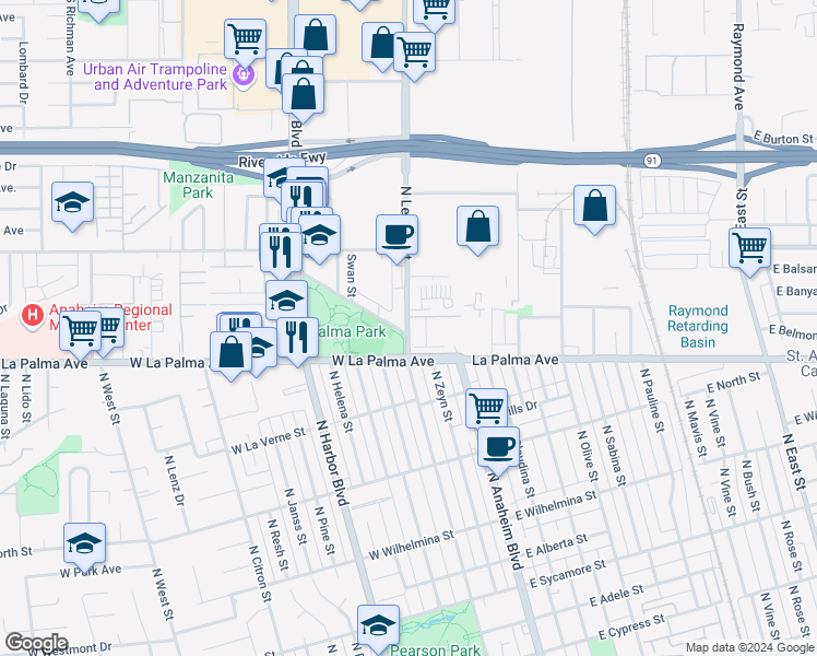 map of restaurants, bars, coffee shops, grocery stores, and more near 1122 North Anaheim Boulevard in Anaheim