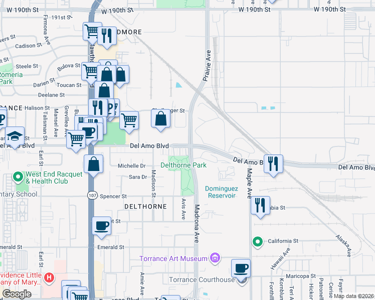 map of restaurants, bars, coffee shops, grocery stores, and more near 3401 Del Amo Boulevard in Torrance