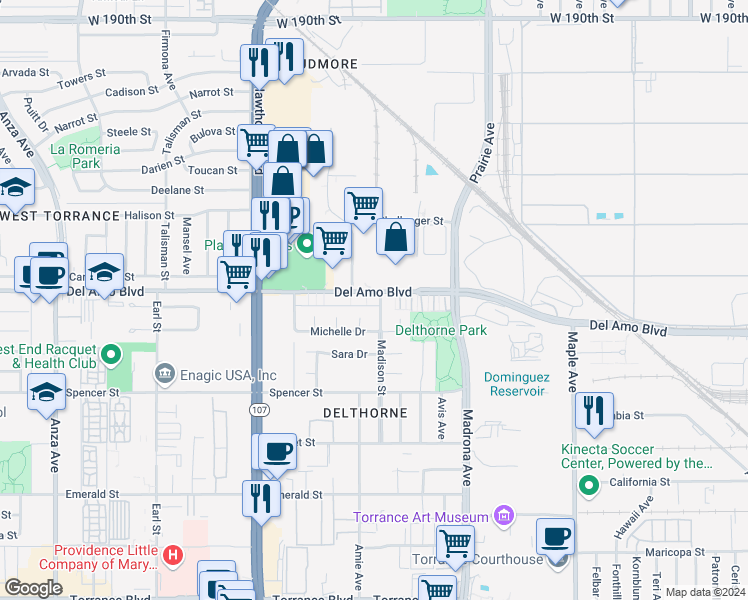 map of restaurants, bars, coffee shops, grocery stores, and more near 3565 Del Amo Boulevard in Torrance