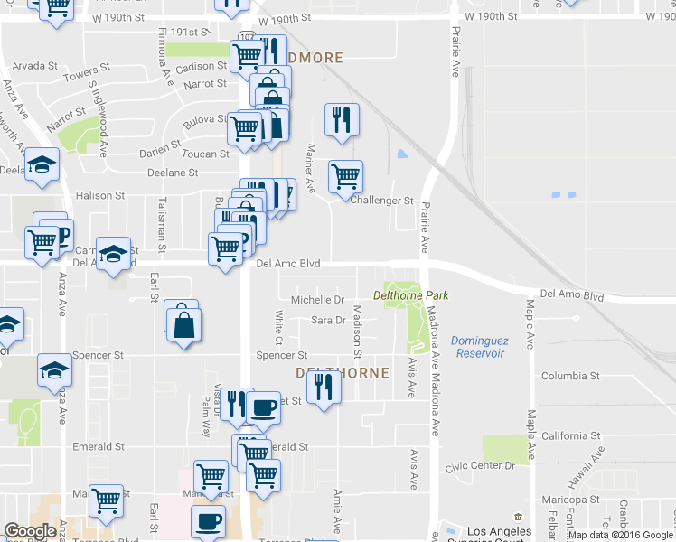 map of restaurants, bars, coffee shops, grocery stores, and more near 3601 Del Amo Boulevard in Torrance