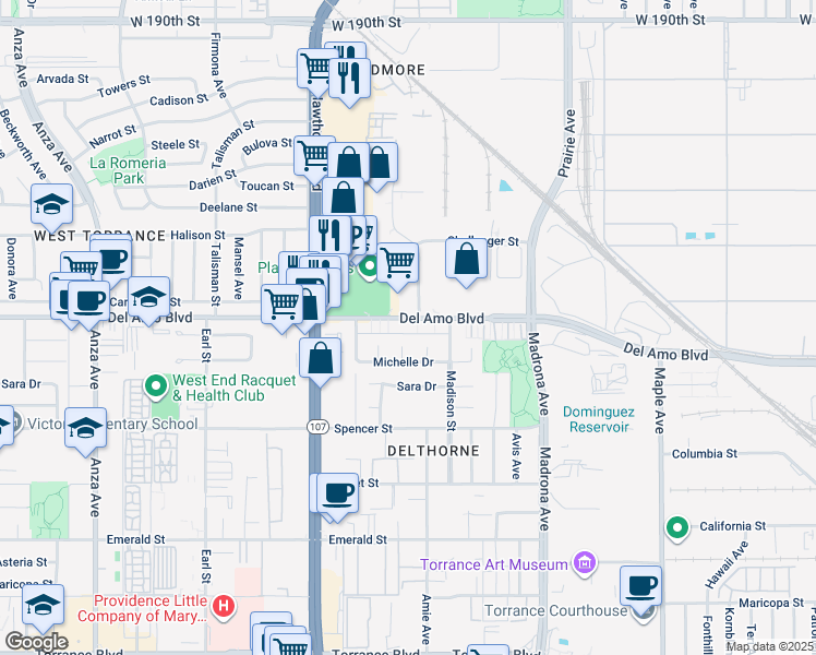 map of restaurants, bars, coffee shops, grocery stores, and more near 3601 Del Amo Boulevard in Torrance