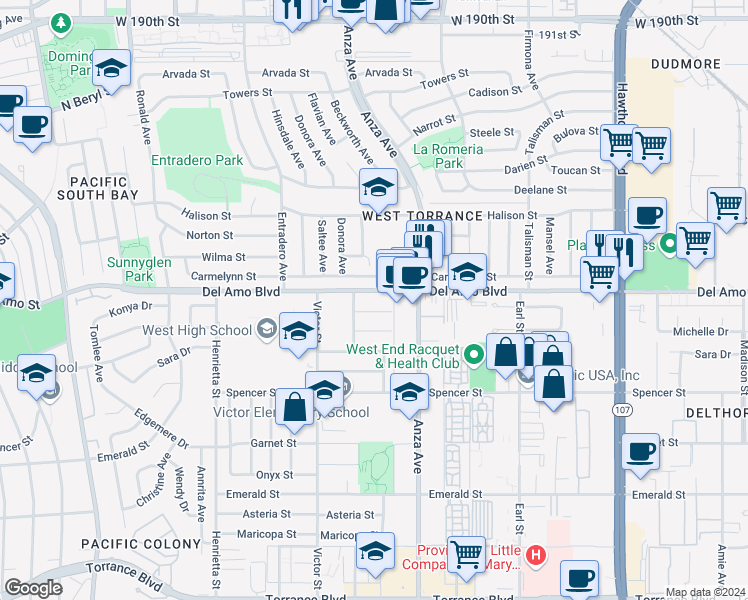 map of restaurants, bars, coffee shops, grocery stores, and more near 5108 Carmelynn Street in Torrance