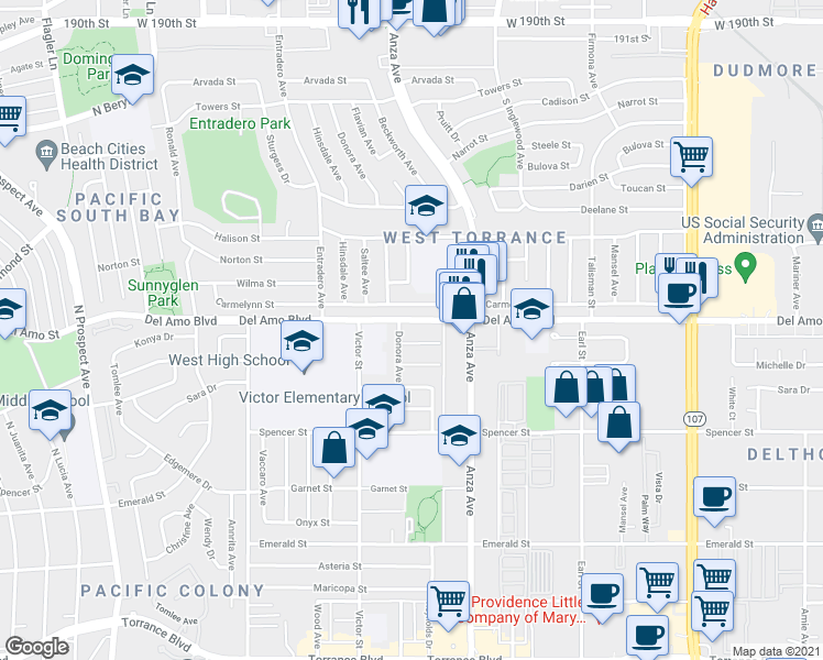 map of restaurants, bars, coffee shops, grocery stores, and more near 5108 Carmelynn Street in Torrance