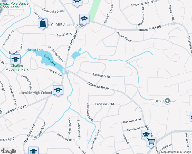map of restaurants, bars, coffee shops, grocery stores, and more near 2705 Galahad Drive Northeast in Atlanta