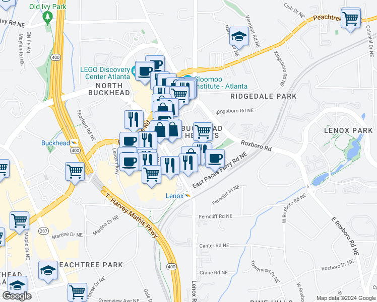 map of restaurants, bars, coffee shops, grocery stores, and more near 3460 Lakeside Drive Northeast in Atlanta