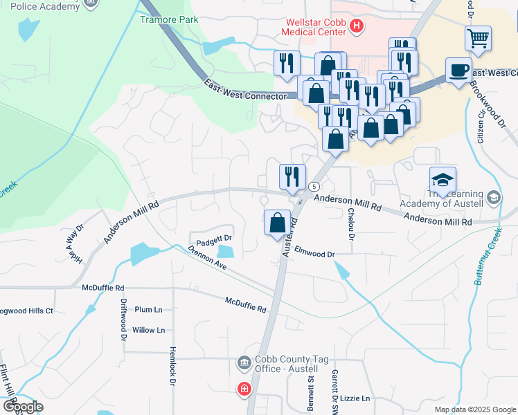 map of restaurants, bars, coffee shops, grocery stores, and more near 4316 Kousa Road in Austell