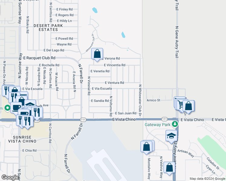 map of restaurants, bars, coffee shops, grocery stores, and more near 2901 East Via Escuela in Palm Springs