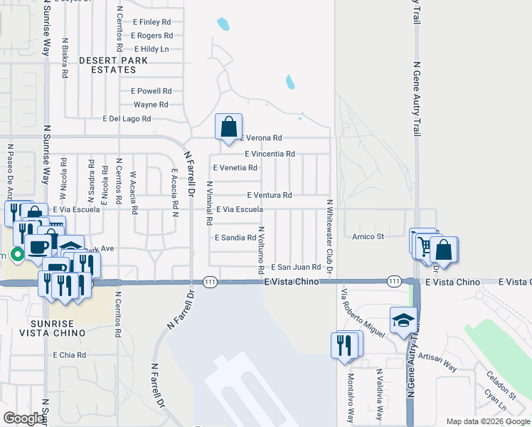map of restaurants, bars, coffee shops, grocery stores, and more near 2895 East Ventura Road in Palm Springs