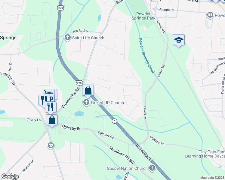 map of restaurants, bars, coffee shops, grocery stores, and more near 4747 Saddleridge Road in Powder Springs