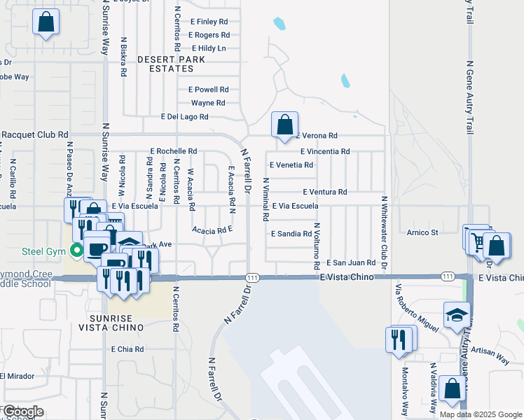 map of restaurants, bars, coffee shops, grocery stores, and more near 2173 North Viminal Road in Palm Springs