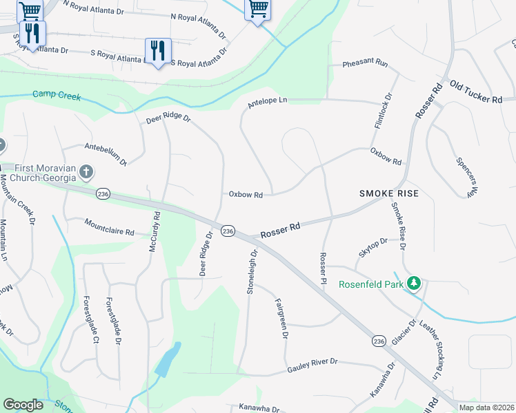 map of restaurants, bars, coffee shops, grocery stores, and more near 5210 Oxbow Road in Stone Mountain