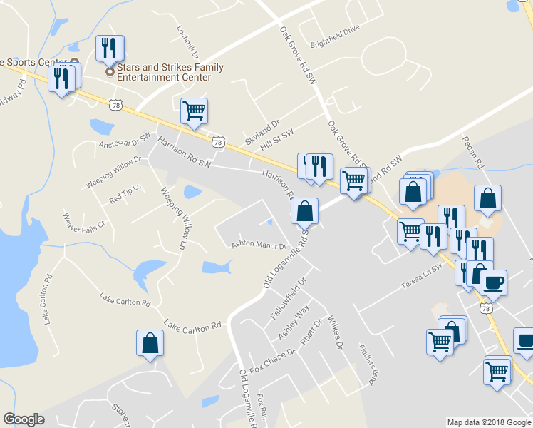 map of restaurants, bars, coffee shops, grocery stores, and more near 520 Ashton Manor Drive in Loganville