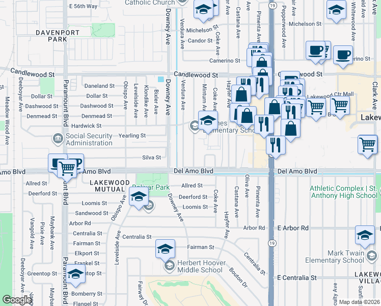 map of restaurants, bars, coffee shops, grocery stores, and more near 5013 Barlin Avenue in Lakewood