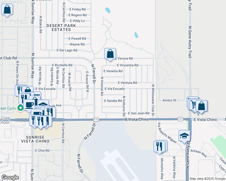 map of restaurants, bars, coffee shops, grocery stores, and more near 2795 East Vía Escuela in Palm Springs