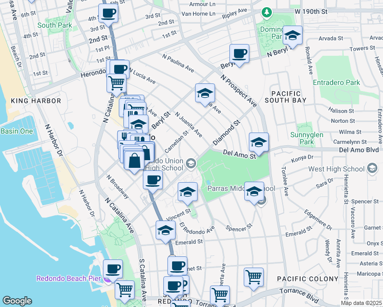 map of restaurants, bars, coffee shops, grocery stores, and more near 511 North Irena Avenue in Redondo Beach