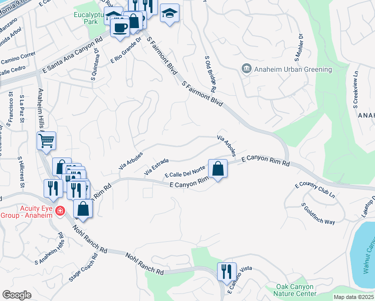 map of restaurants, bars, coffee shops, grocery stores, and more near 6496 Vía Arboles in Anaheim