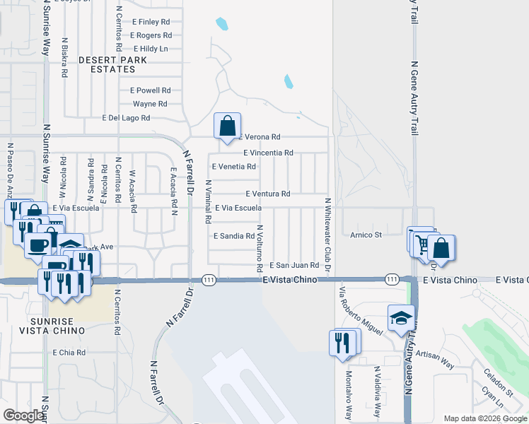 map of restaurants, bars, coffee shops, grocery stores, and more near 2901 East Via Escuela in Palm Springs