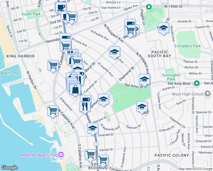 map of restaurants, bars, coffee shops, grocery stores, and more near 511 North Irena Avenue in Redondo Beach