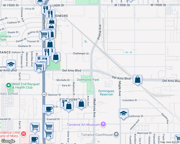 map of restaurants, bars, coffee shops, grocery stores, and more near 3401 Del Amo Boulevard in Torrance