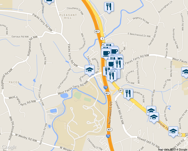 map of restaurants, bars, coffee shops, grocery stores, and more near 1401 West Paces Ferry Road Northwest in Atlanta