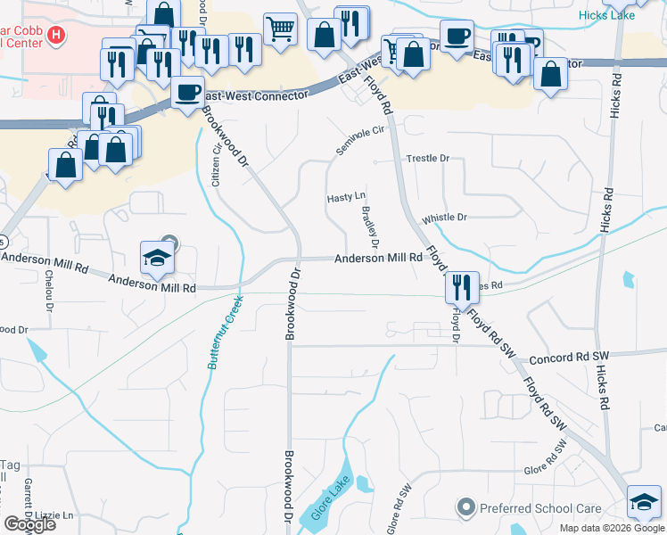 map of restaurants, bars, coffee shops, grocery stores, and more near 1221 Anderson Mill Road in Austell